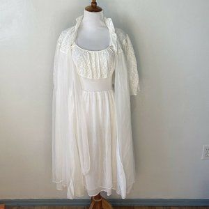 Vtg Peignoir Set Layered Nylon Flowers Lace A Line
